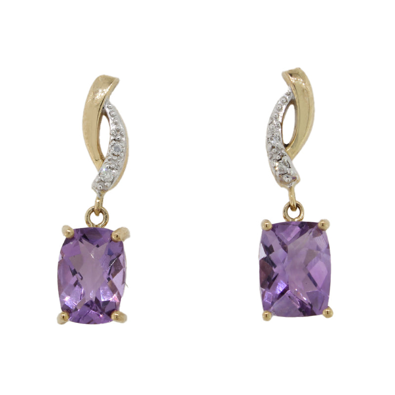 9 Carat Yellow Gold Oval Shaped Amethyst & Diamond Stud Drop Earrings