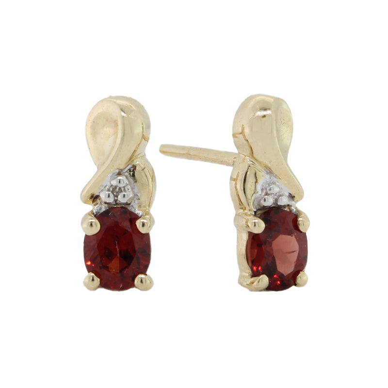 9 Carat Yellow Gold Oval Shaped Garnet & Diamond Stud Drop Earrings