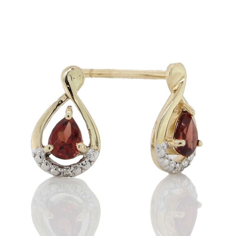 9 Carat Yellow Gold Pear Shaped Garnet & Diamond Stud Drop Earrings