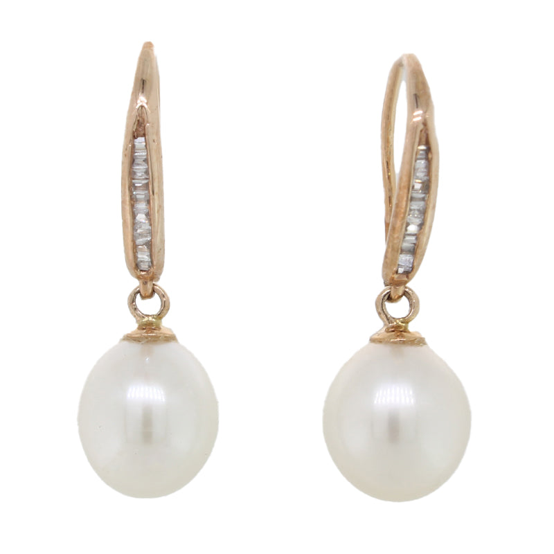 9 Carat Rose Gold Fresh Water Pearl & Diamond Drop Earrings