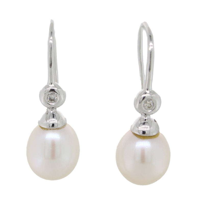 9 Carat White Gold Fresh Water Pearl & Diamond Drop Earrings