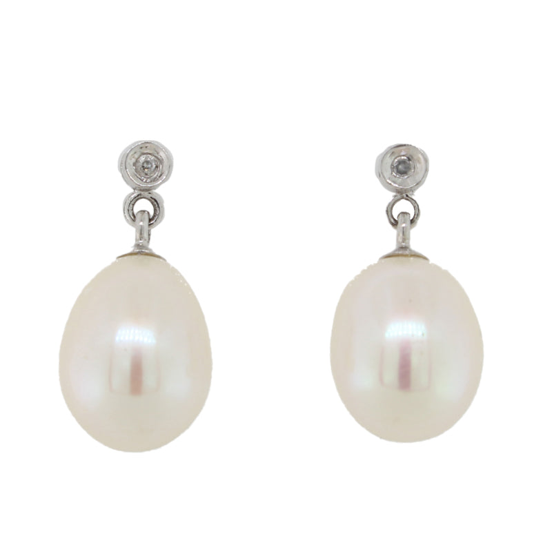 9 Carat White Gold Freshwater Pearl & Diamond Stud Drop Earrings