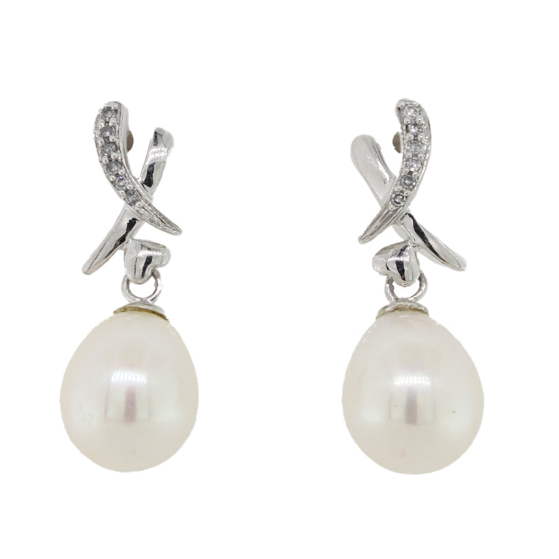 9 Carat White Gold Fresh Water Pearl & Diamond Earrings