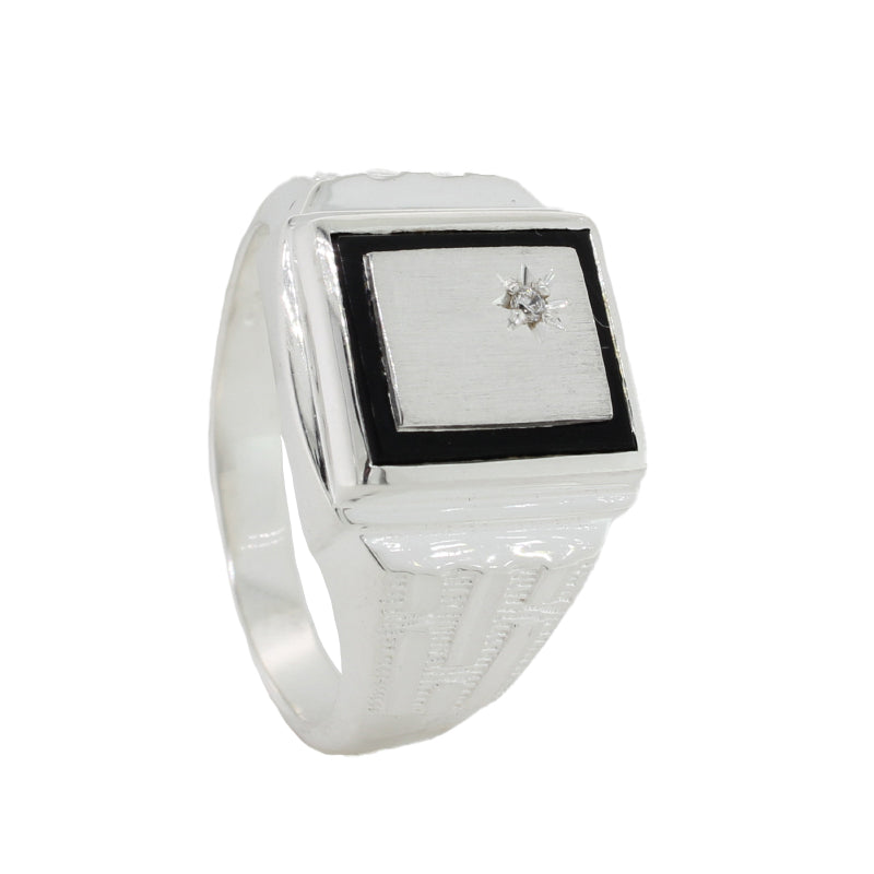 Sterling Silver CZ Onyx Gents Signet Ring