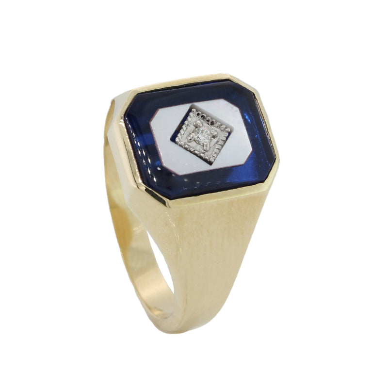 9 Carat Yellow Gold Synthetic Blue Spinel, Mother Of Pearl & Diamond Ring