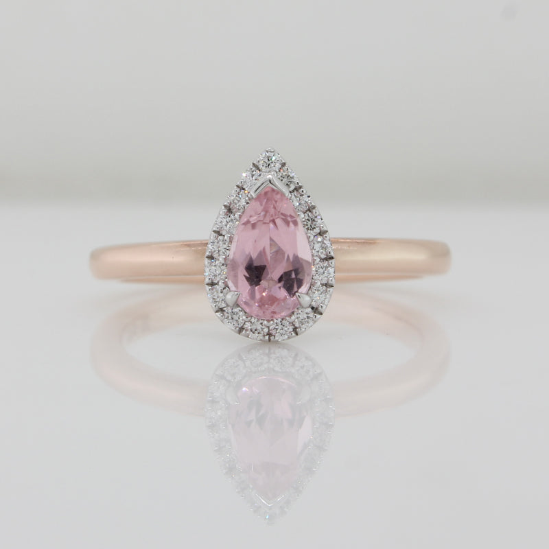 9 Carat Rose & White Gold Pink Tourmaline Pear Shape with Diamond Halo Ring