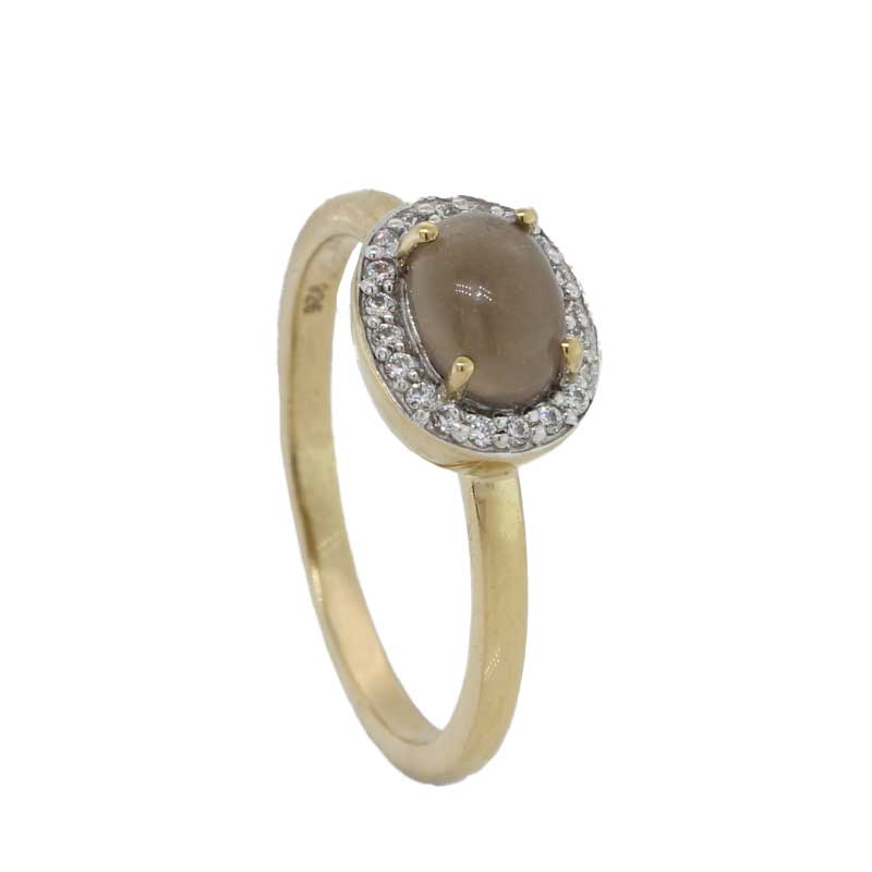 Sterling Silver Yellow Gold Plate Grey Moonstone Oval Cubic Zirconia Halo Ring