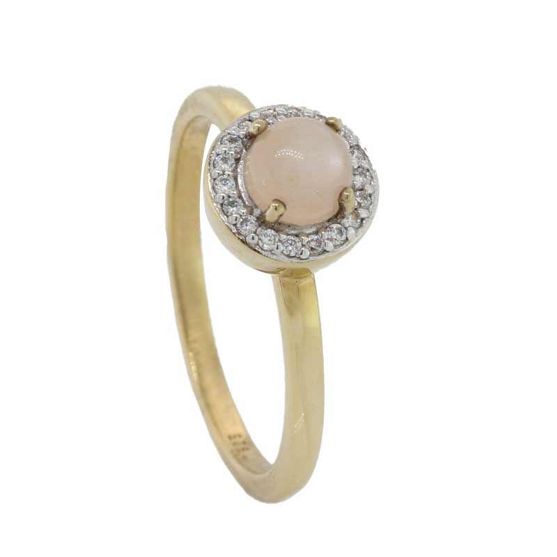 Sterling Silver Yellow Gold Plate Peach Moonstone Round Cubic Zirconia Halo Ring