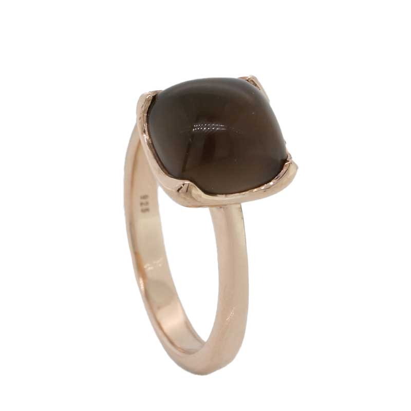 Sterling Silver Rose Gold Plate Smoky Quartz Round Ring