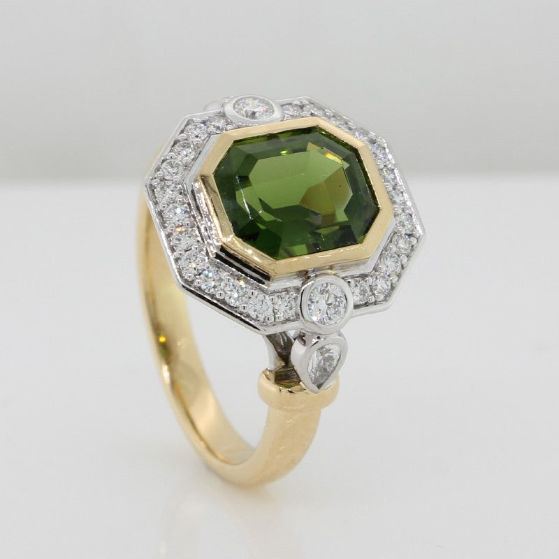 18 Carat Yellow & White Gold Green Tourmaline 2.20ct & Diamond = 0.43ct Halo Dress Ring