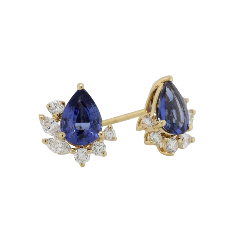 18 Carat Yellow Gold Ceylon Sapphire 1.48 Carat & Diamond Stud Earrings