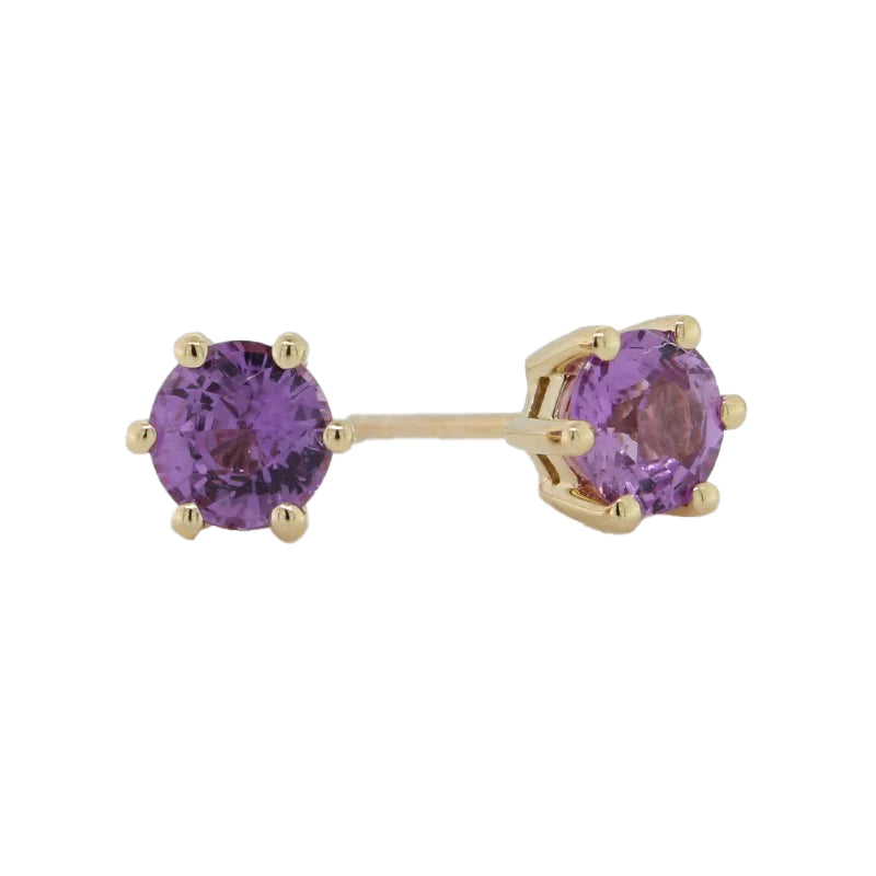 18 Carat Yellow Gold 5mm Round Lilac/Purple Sapphire 1.20 Carat Stud Earrings