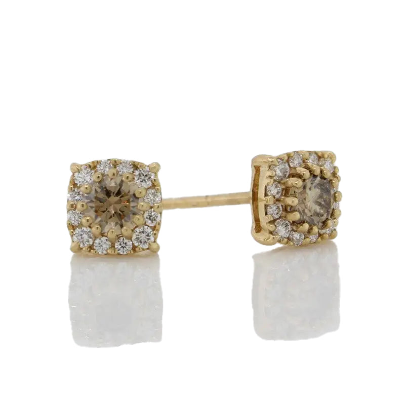 18 Carat Yellow Gold Australian Chocolate Diamond (from the Argyle Mine) = 0.35 Carat & Diamond Halo TDW = 0.20  Carat Stud Earrings