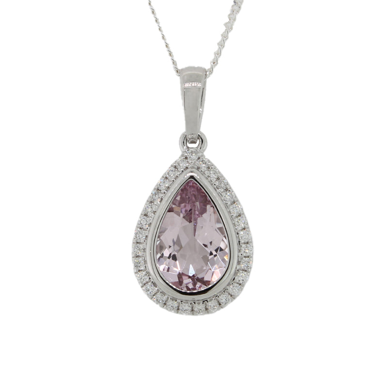 18 Carat White Gold Pear Shaped Morganite 1.15 Carat With Diamond Halo TDW = 0.10 Carat Pendant