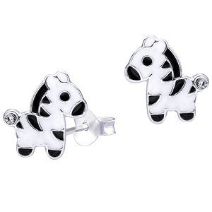 Sterling Silver Black & White Enamel Zebra With Crystal Stud Earrings