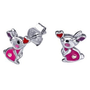 Sterling Silver Pink Enamel Rabbit With Red Heart On Nose Stud Earrings