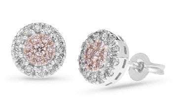 9 Carat White & 9 Carat Rose Gold Australian Pink Diamond (from the Argyle Mine) & Diamond Halo Stud Earrings, TDW 0.58 Carat