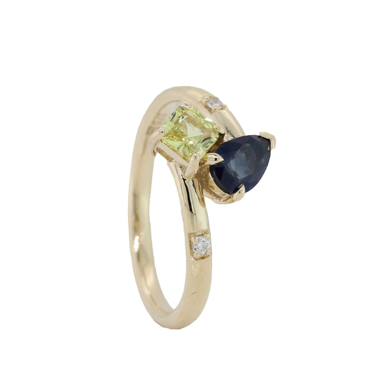 9ct Yellow Gold Yellow Sapphire, Medium Translucent Blue Sapphire and Diamond Ring