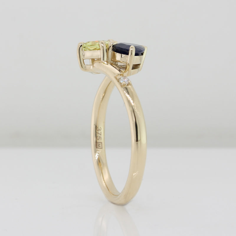 9ct Yellow Gold Yellow Sapphire, Medium Translucent Blue Sapphire and Diamond Ring