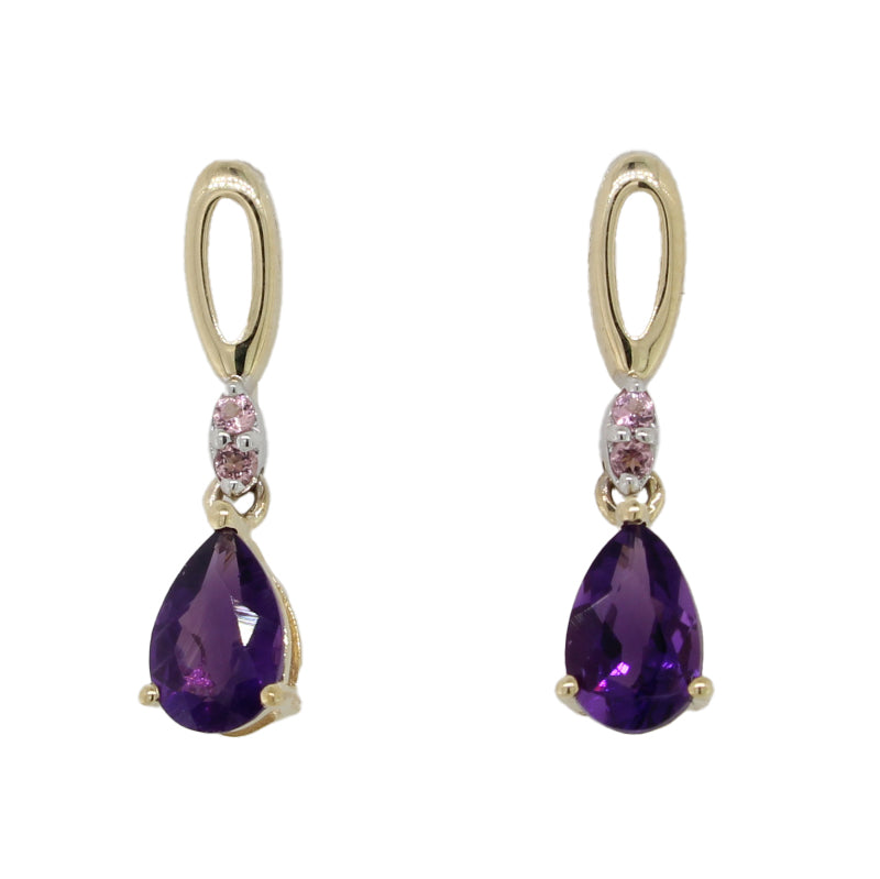 9 Carat Yellow Gold & Rhodium Plate Amethyst & Diamond Stud Drops