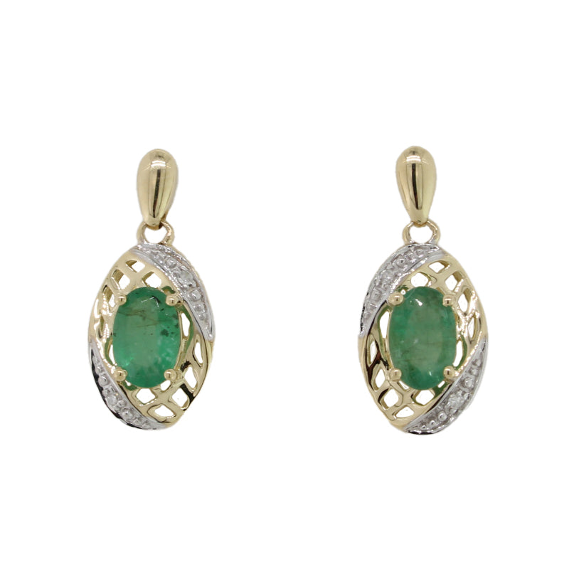 9 Carat Yellow Gold Emerald & Diamond Stud Drop Earrings 