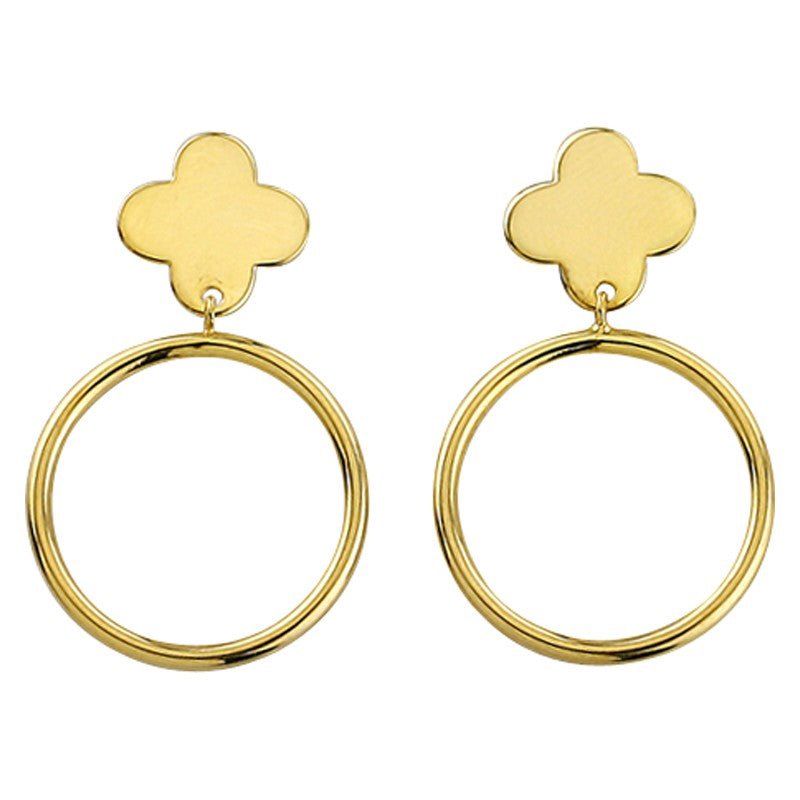 9 Carat Yellow Gold & Silver Bonded Quatrefoil & Circle Stud Drop Earrings 17.66mm Width