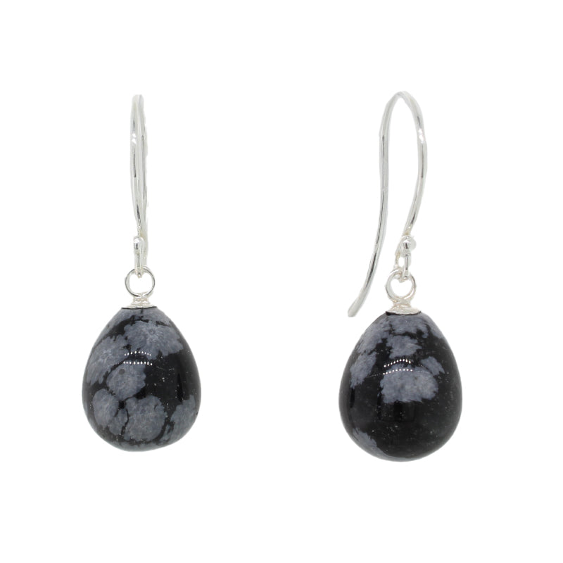 Sterling Silver Shepherd Hook Drop Earrings, 12 x 10mm Snowflake Obsidian