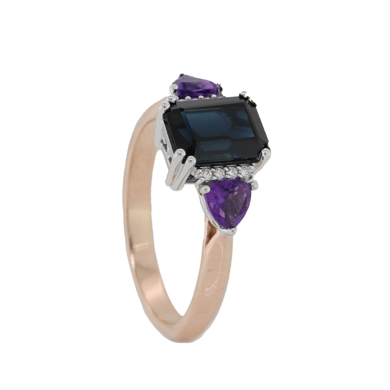 9 Carat Rose and White Gold Sapphire, Emerald and Diamond Ring