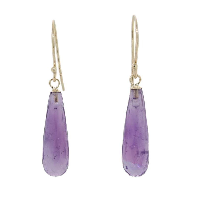 9 Carat Yellow Gold 22 x 7mm  Amethyst Briolette Drop Earrings