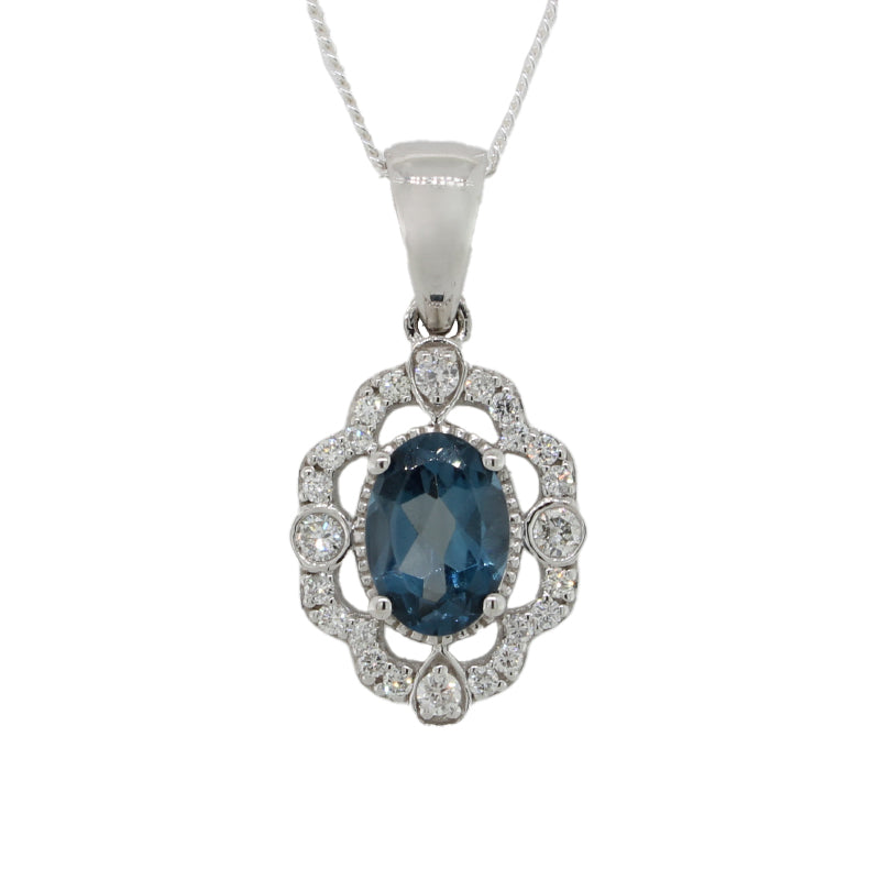 9 Carat White Gold London Blue Topaz 0.18 Carat Diamonds