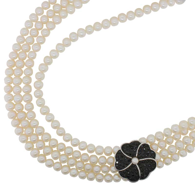 Audrey 4 Row Row Fresh Water Pearls with Black Cubic Zirconia Flower Necklet