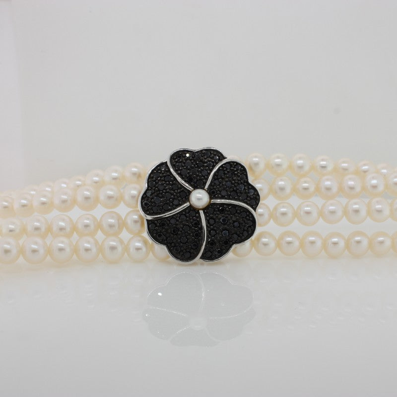 Audrey 4 Row Row Fresh Water Pearls with Black Cubic Zirconia Flower Necklet