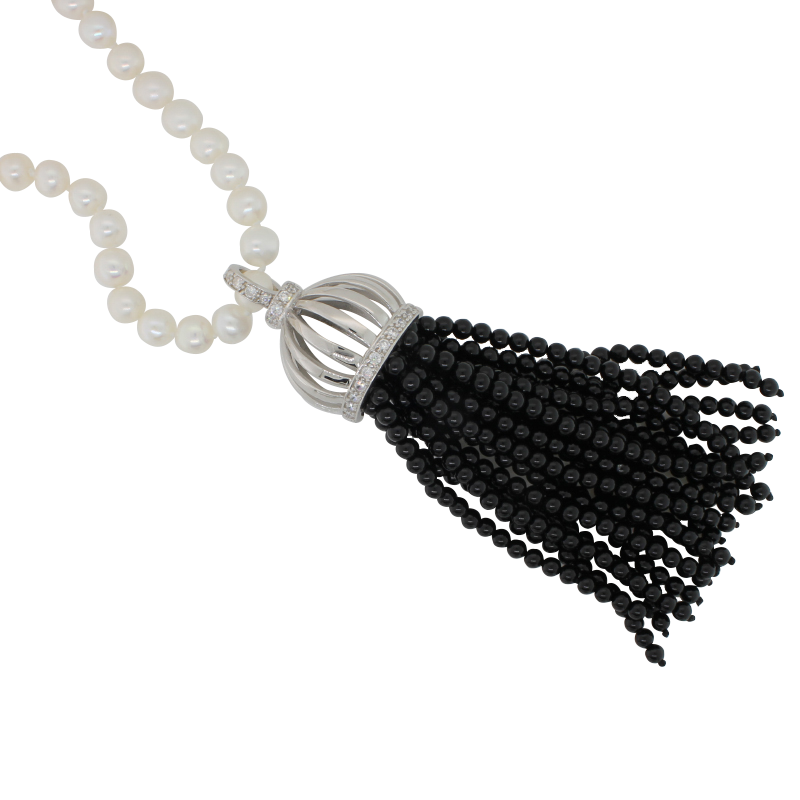 Freshwater Pearl Strand with Sterling Silver Black Onyx & Cubic Zirconia Tassel