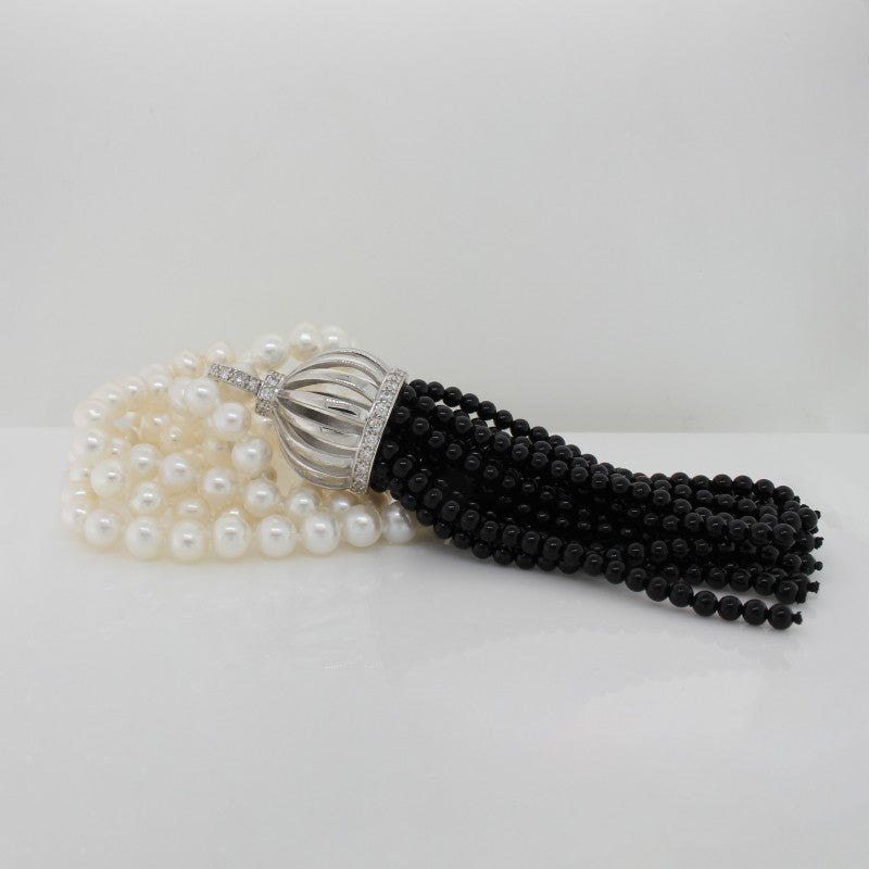 Freshwater Pearl Strand with Sterling Silver Black Onyx & Cubic Zirconia Tassel