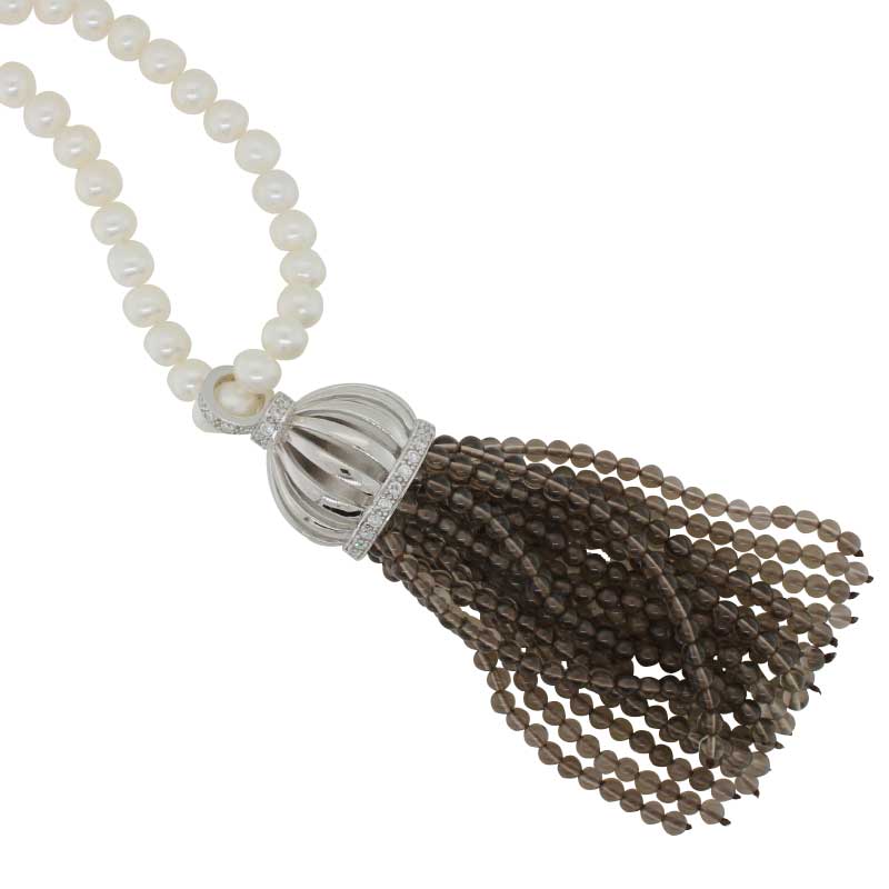 Freshwater Pearl Strand with Sterling Silver Smoky Quartz & Cubic Zirconia Tassel