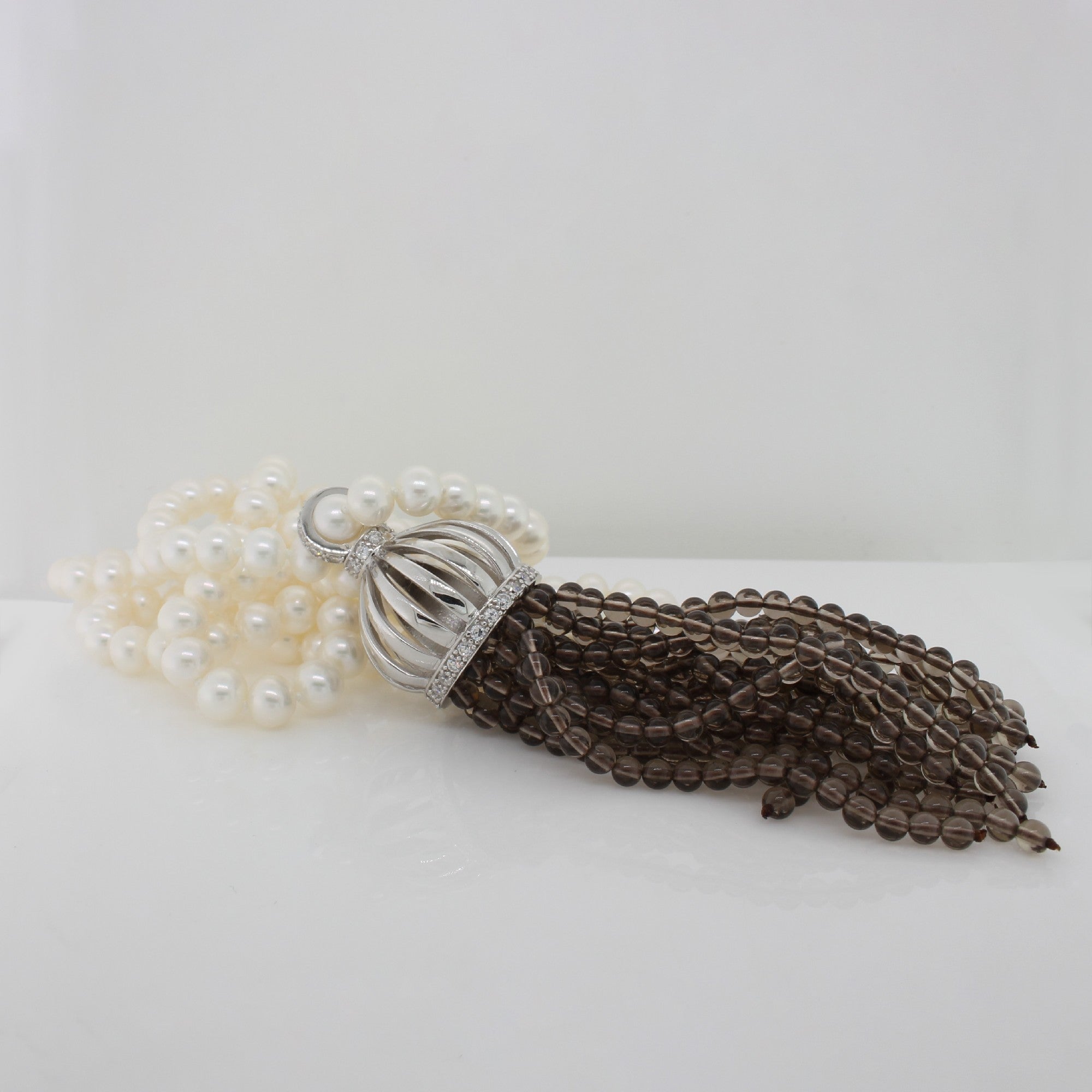 Freshwater Pearl Strand with Sterling Silver Smoky Quartz & Cubic Zirconia Tassel