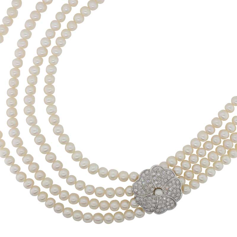 Audrey 4 Row  Fresh Water Pearls with White Cubic Zirconia Flower Necklet