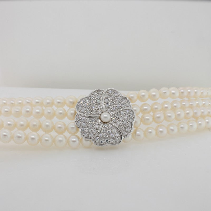 Audrey 4 Row  Fresh Water Pearls with White Cubic Zirconia Flower Necklet