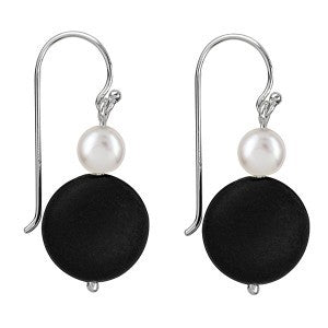 Sterling Silver Fresh Water Culture Pearl and Matt Onxy Earrings