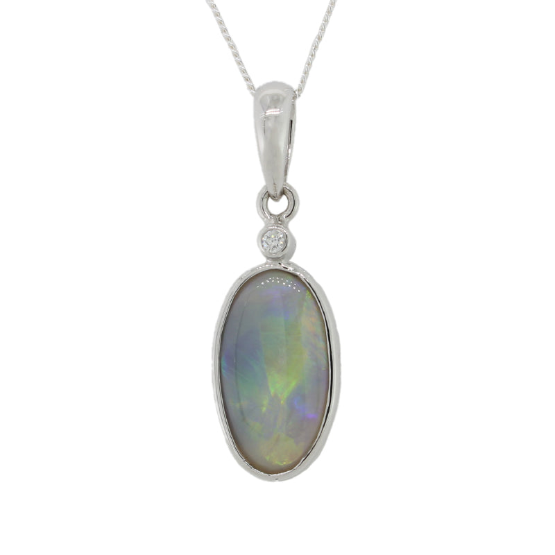 9 Carat White Gold Free Shape Lightning Ridge Solid Opal and 2PT Diamond Pendant 2.20 Carat