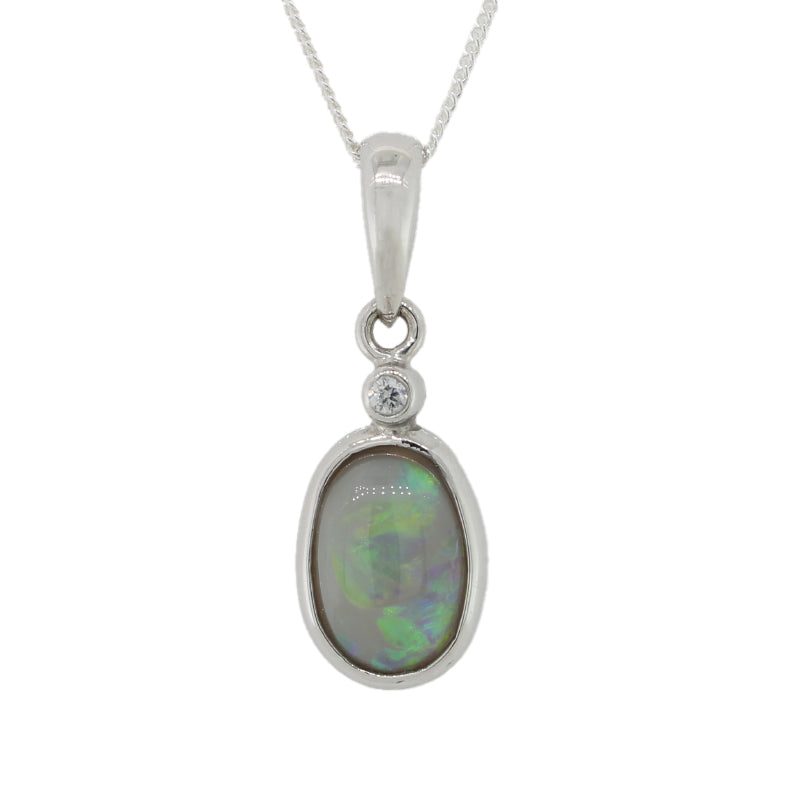 9 Carat White Gold Free Shape 8mm Lightning Ridge Solid Opal and 2PT Diamond Pendant 2.20 Carat