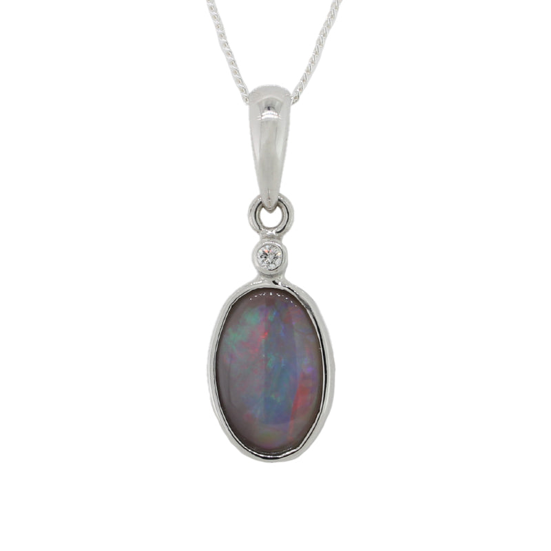 9 Carat White Gold Free Shape 8.3mm Lightning Ridge Solid Opal and 2PT Diamond Pendant 2.20 Carat