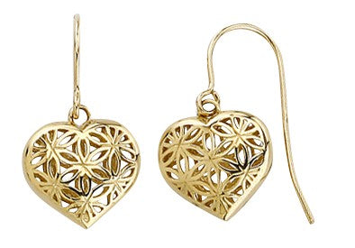 9ct Yellow Gold Filigree Heart Shaped Earrings on Shepherds Hook