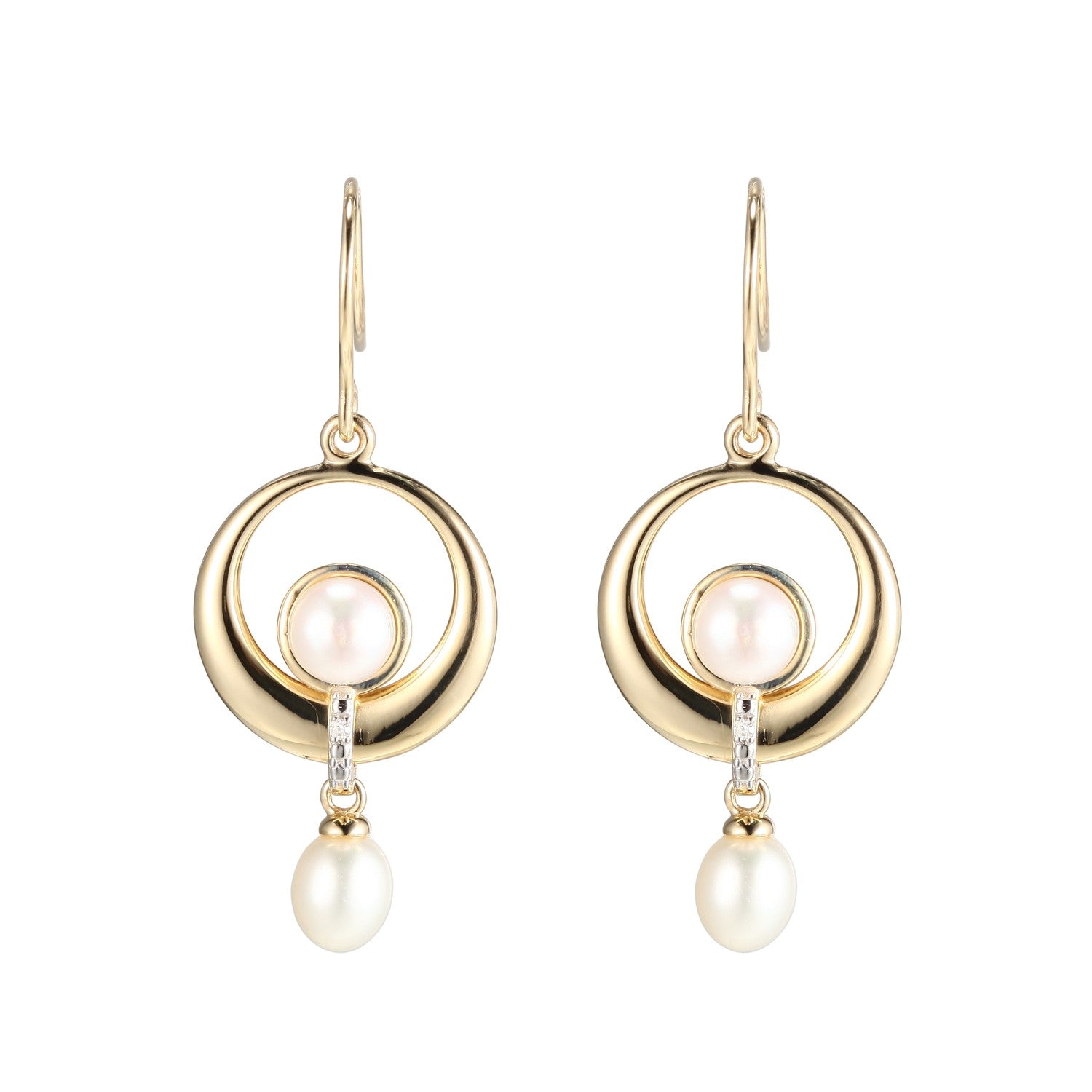 9ct Yellow Gold Fresh Water Pearl and Diamond Earrings on Shepher Hooks Fresh Water Pearl, Total Diamond Weight 01ct