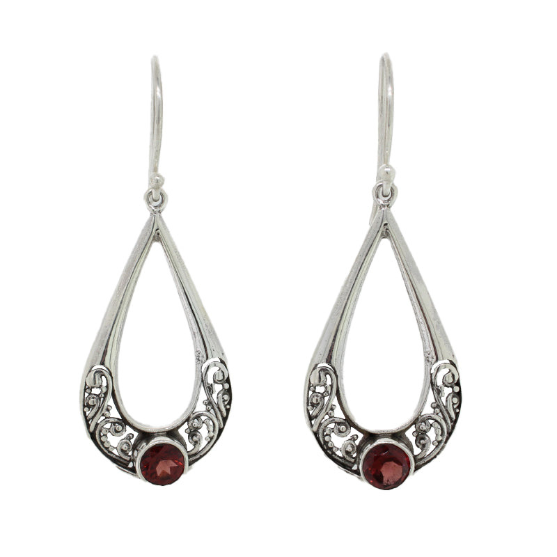 Sterling Silver & Garnet Filigree Earrings 17.05mm Width x 28.83mm Long