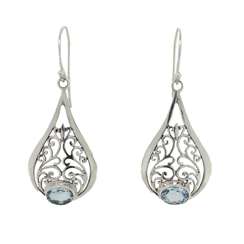 Sterling Silver & Blue Topaz Filigree  Earrings 17.28mm Width x 27.08Long