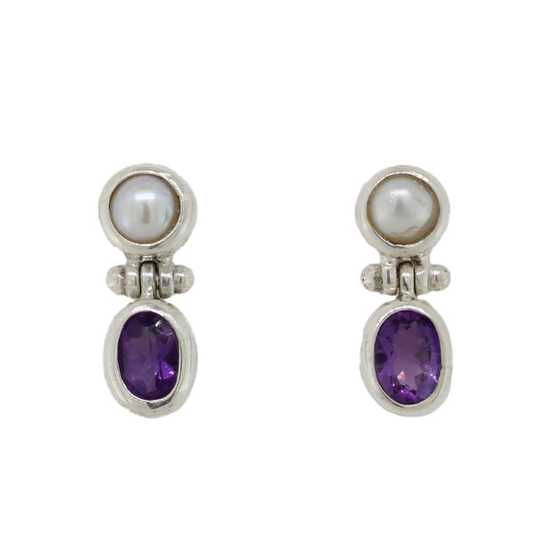 Sterling Silver & 4mm Pearl &  6 x 4 mm Amethyst Studs 