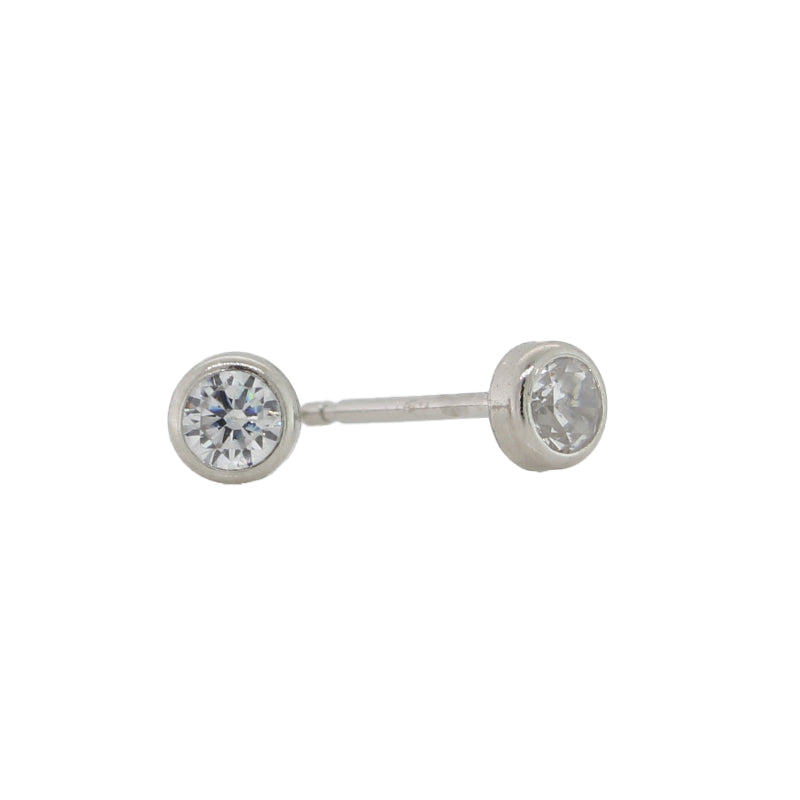 9 Carat White Gold 3mm Round Bezel Set Cubic Zirconia Stud Earrings