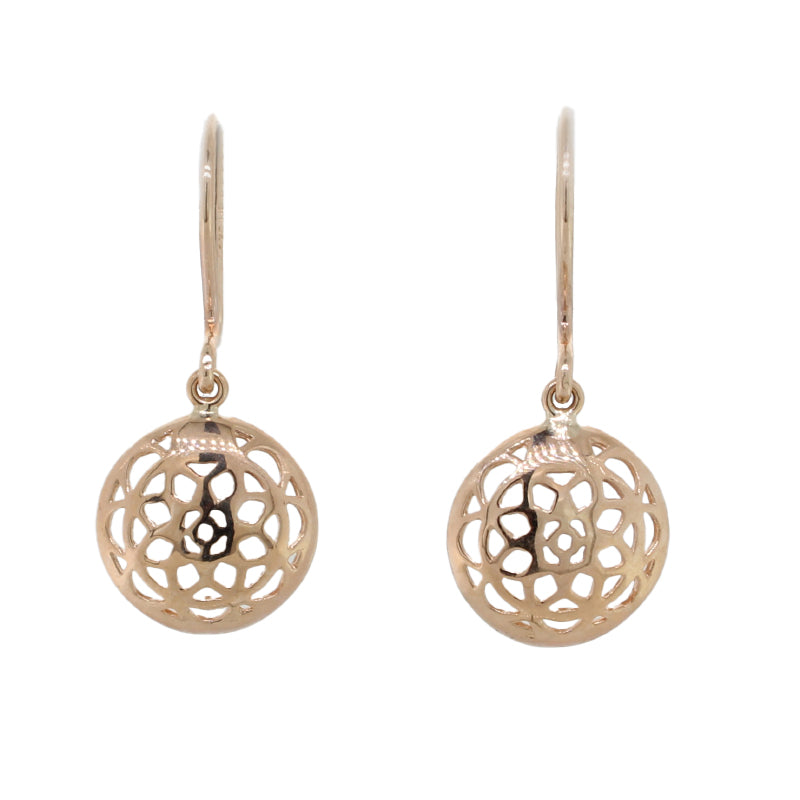 9 Carat Rose Gold 10mm Domed Filigree Round Earrings on Shepherd Hook