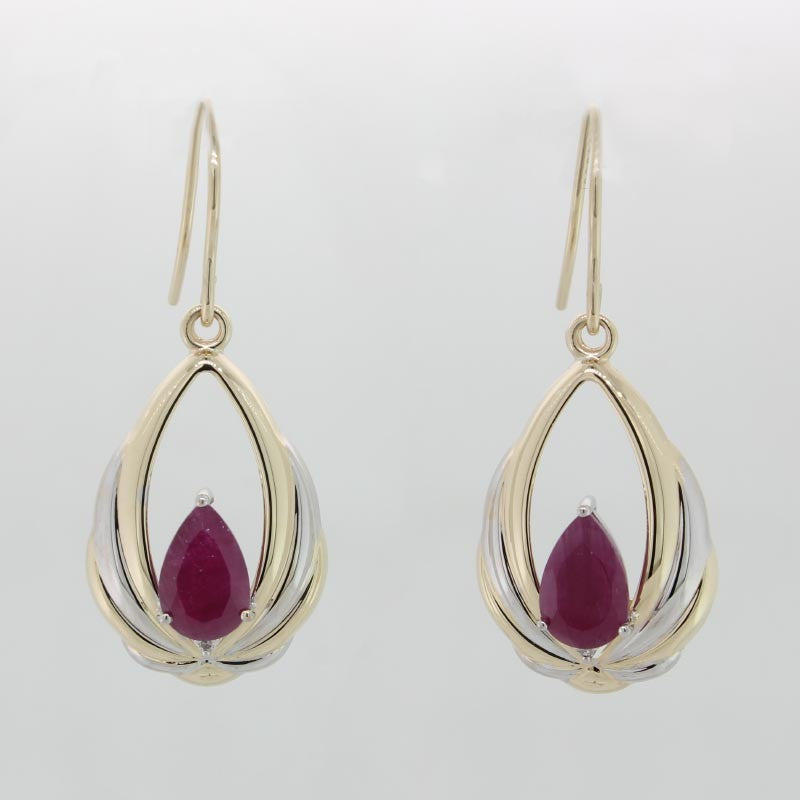 9 Carat Yellow Gold Ruby & Diamond Tear Drop Earrings Total Diamond Weight 0.01 Carat with Rhodium Plating & Shepherd Hooks